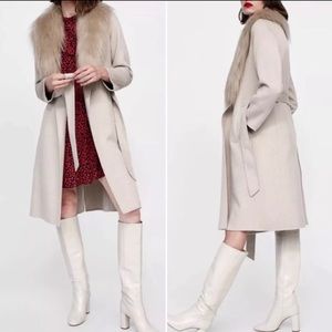 ZARA BLOGGER Beige Sand Belted Wool Trench Coat w Detachable Faux Fur Collar L